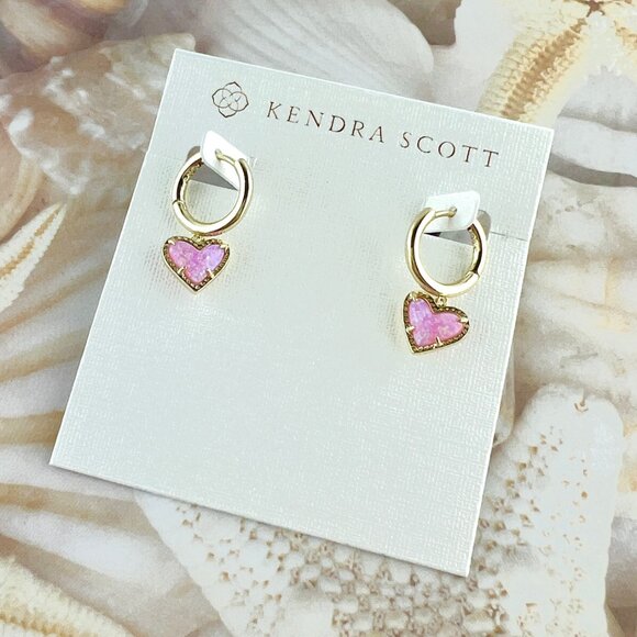 Kendra Scott Ari Heart Bubblegum Pink Opal Huggie gold earrings - Picture 3 of 4
